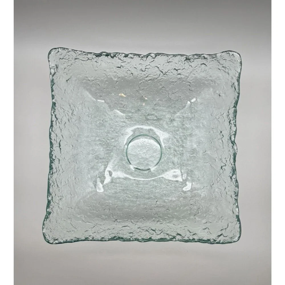 VTG San Miguel Style Recycled Ice Glass Square Bowl Pale Aqua Green Bark 12” MCM